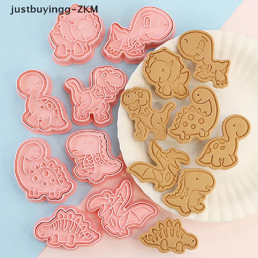 8pcs / Set Cetakan Pemotong Kue / Biskuit Bentuk Kartun Dinosaurus 3D Bahan Plastik Model Tekan Untuk Dapur Cetakan Kue DIY