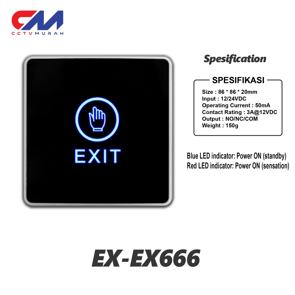 Contactless Exit Button Touchscreen || Type EX-EX666 || Plastic || Access Control Door Button