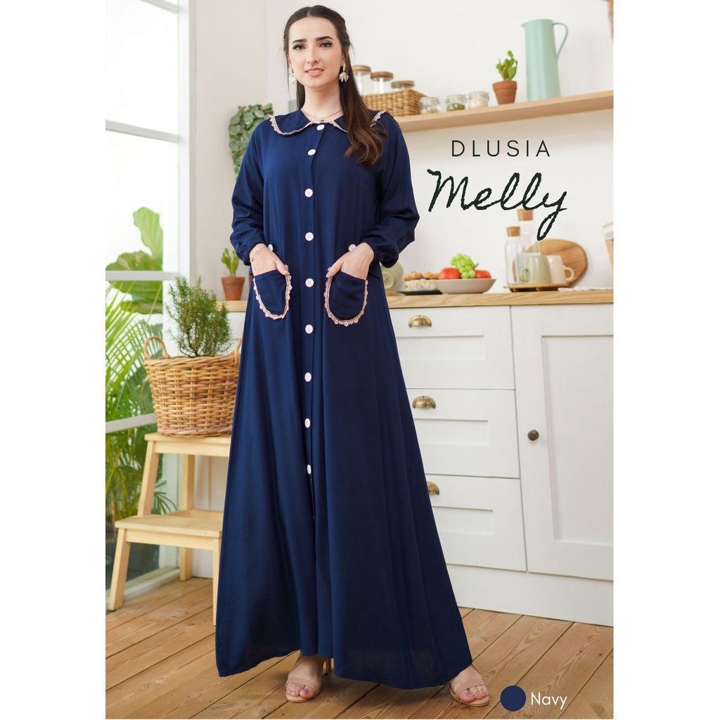 Gamis Terbaru Renda Dlusia Melly Rayon Premium Dress Wanita Kerah Peterpan Longdress Full Kancing LD 115 cm