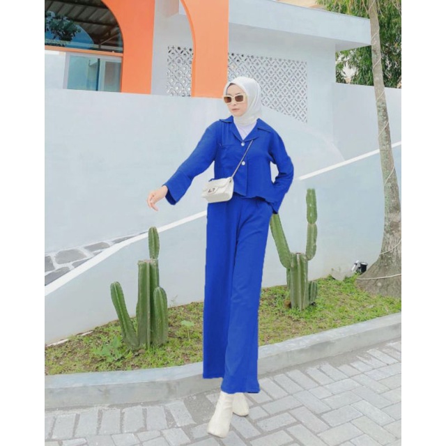 FREYA ONE SET CROP / SETELAN CRINCKLE-Biru elektrik