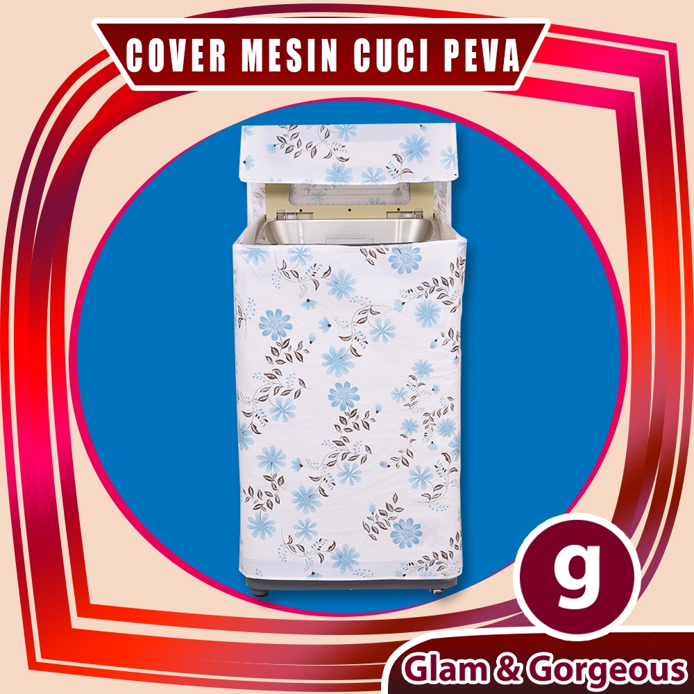 Cover Mesin Cuci Penutup Plastik Peva WMC006 Motif Bunga Biru Muda