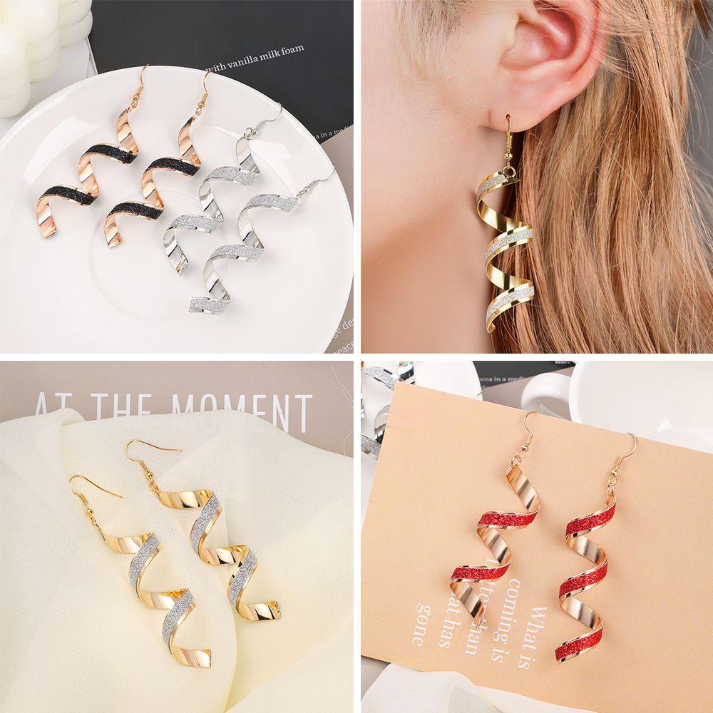 Lily 1pasang Spiral Gantung Anting Panjang Hadiah Aksesoris Pesta Perhiasan Telinga Menjuntai Drop Earrings Frosted Geometris Twist