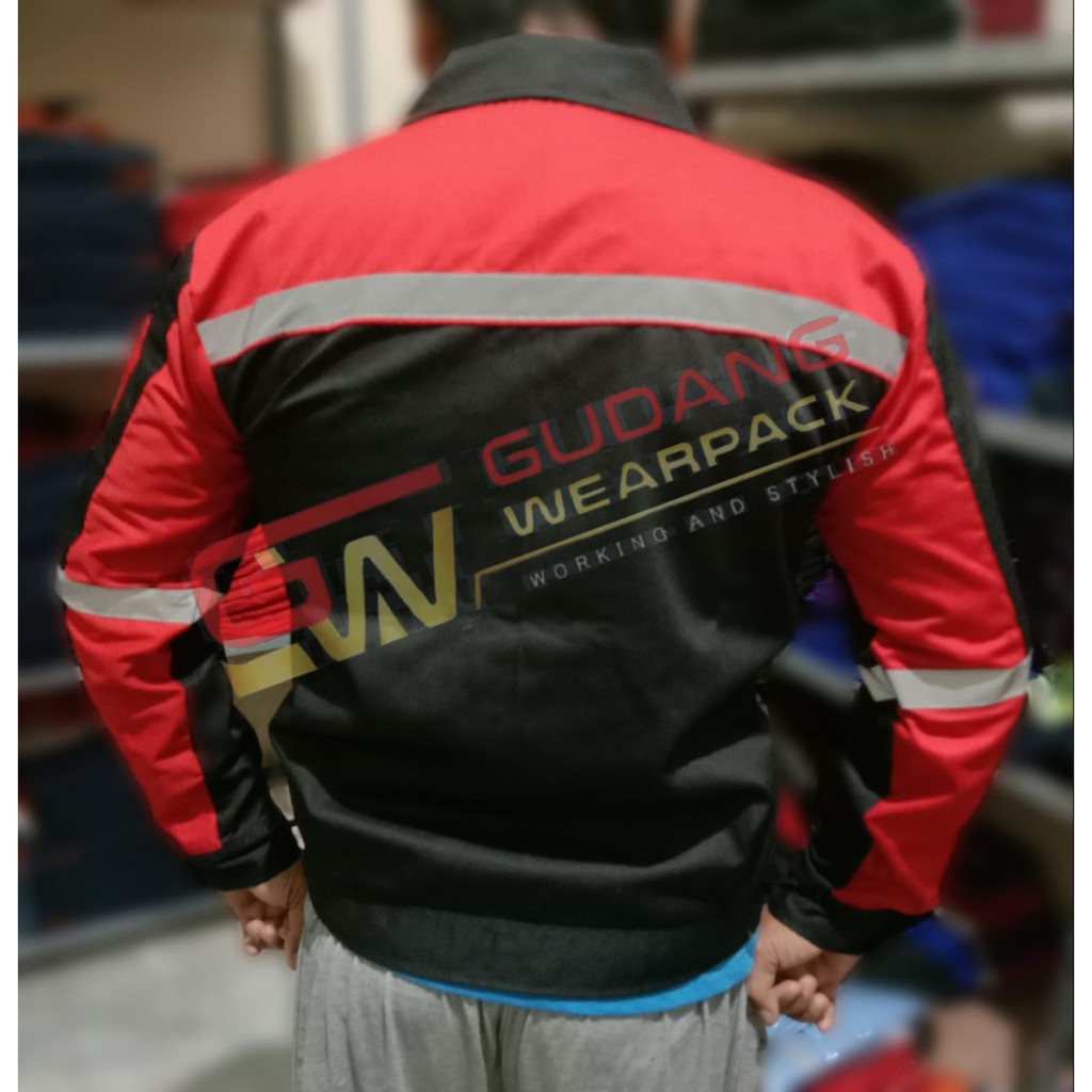 Gudang Wearpack - Baju Kerja Seragam Proyek Warna Hitam Merah