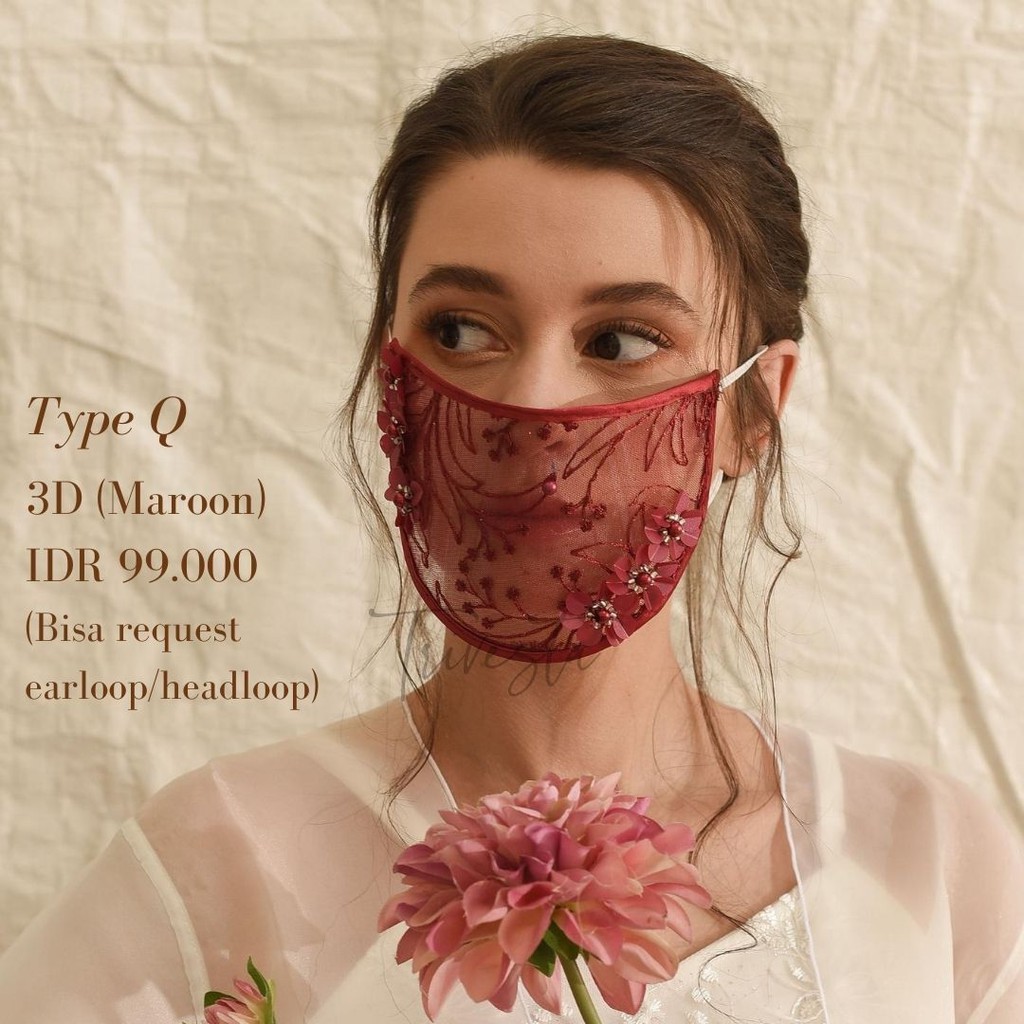 Masker Mika untuk wedding/pengantin - MASKER BROKAT MASKER PREMIUM ANTI AIR- warna maroon -tipe Q