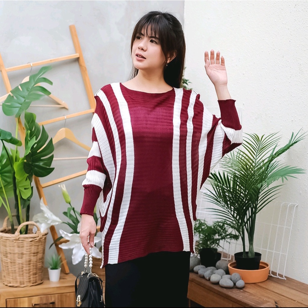 blouse batwing rajut motif zebra on size jumbo/sweater rajut oversize batwing kombinasi/atasan wanita