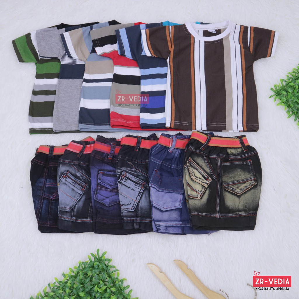 Setelan Salur Jeans uk 1-2 Tahun / Kaos Anak Murah Celana Jeans Murah Setelan Lengan Pendek Laki