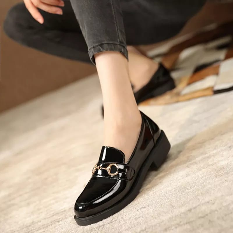 fakhrieshop- SEPATU LOAFERS WANITA FLAT PREMIUM BLACK GLOSY 908