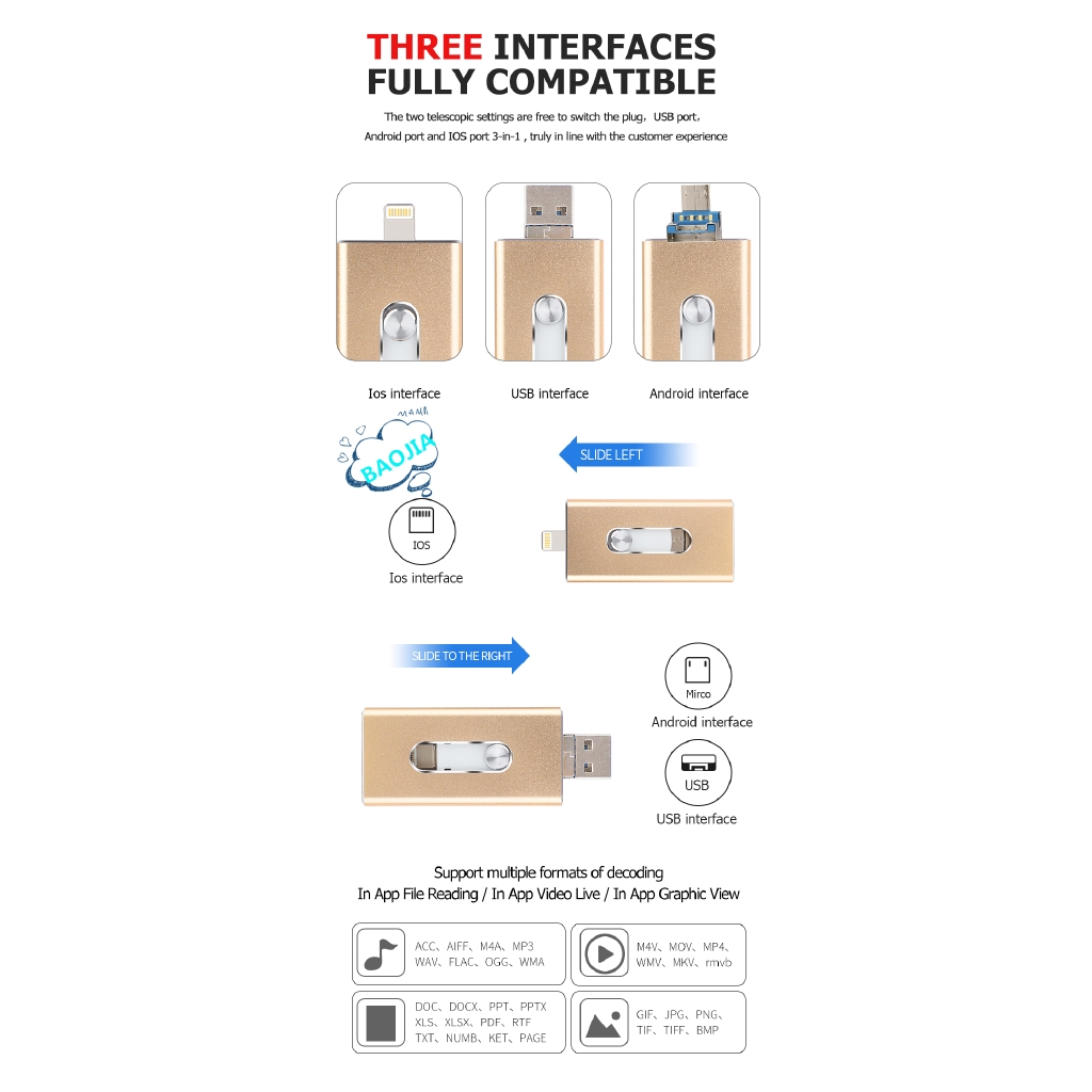 iPhone Android USB 3In1 Metal USB Flash Disk OTG Memory Stick