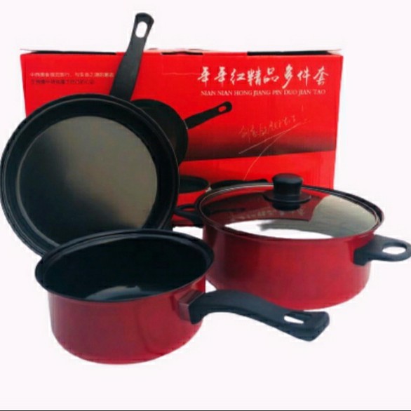 Panci Teflon Set Isi 3 PCS Anti Lengket / Panci Set Anti Lengket / Panci 3pcs / Panci 3 in 1 Merah