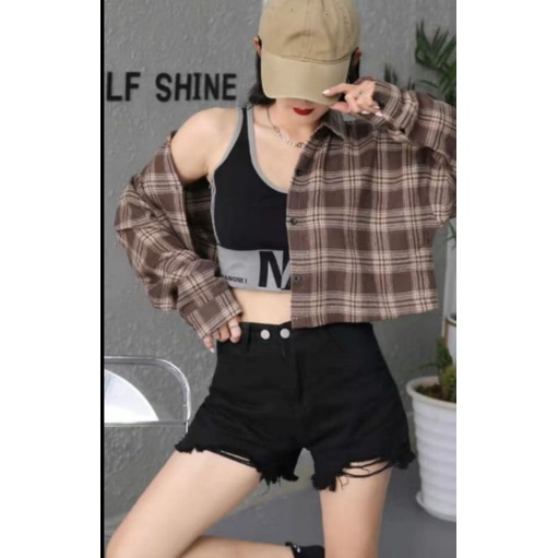 KEMEJA CROP FLANEL KOTAK /POLOS IMPORT TERBARU