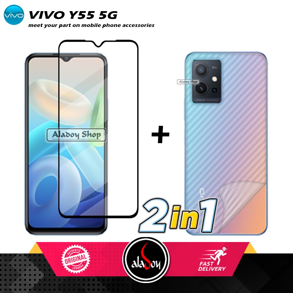 PAKET 2 IN 1 Tempered Glass Layar Vivo Y55 5G/Y75 5G + Skin Carbon Film 3D