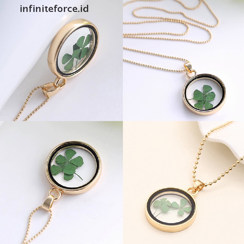 Kalung Liontin Bunga Clover Kering Alami Bahan Resin