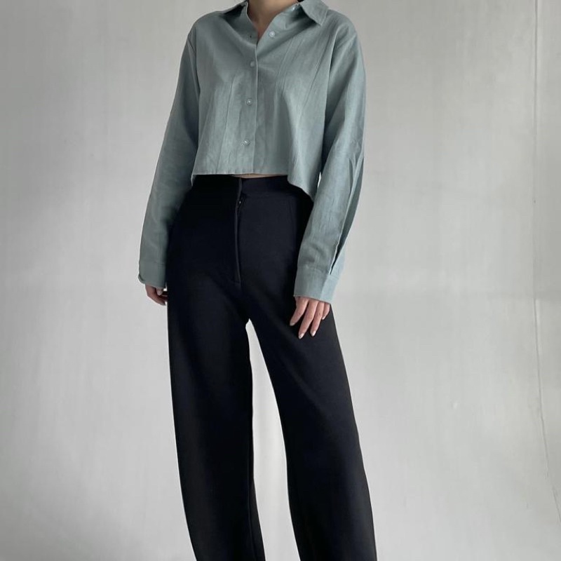 Ceya Top | Kemeja Crop Linen Lengan Panjang | Outer Crop Linen - Atasan Wanita 993-Blue Mint