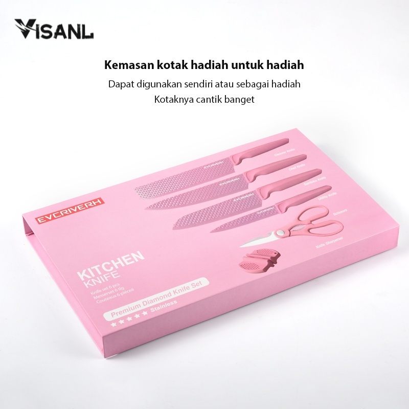 Pisau Berlian Merah Muda Knife Diamond Set 6 in 1 Cookware Pisau Dapur Anti Lengket VS-1844