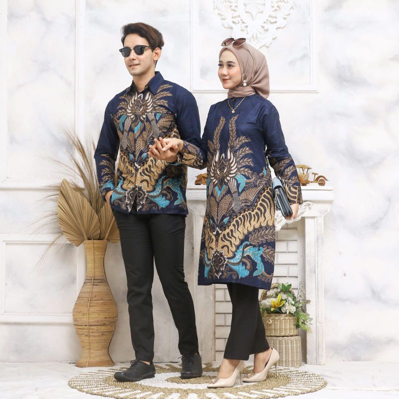 Batik Couple Warna Biru Dongker Tunik Dan Lengan Pendek