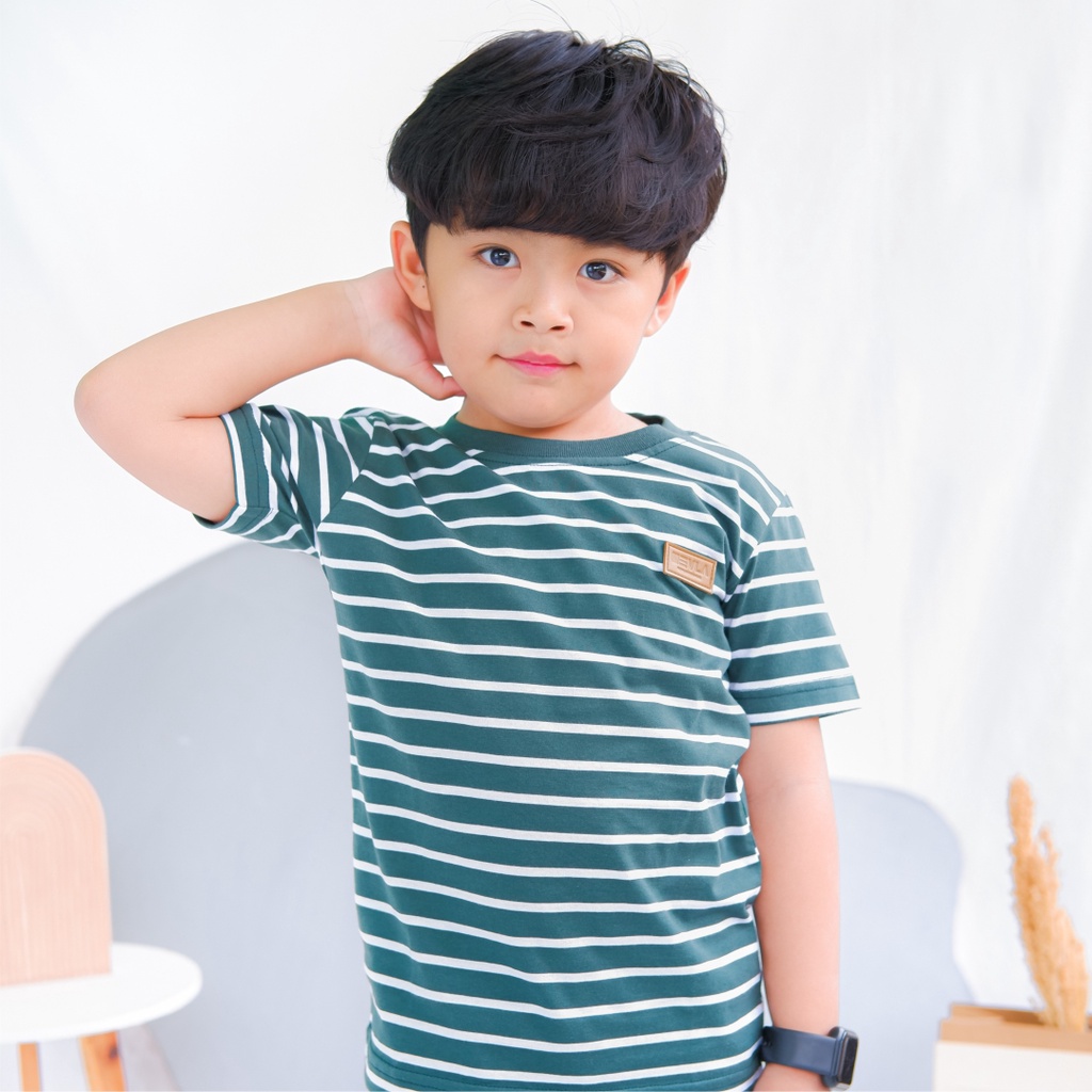 Kaos Stripe Garis Anak Laki Laki Perempuan Branded Unisex Original Premium | Mevla Kids - Uzuki Green