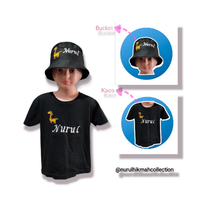 Kaos Anak+Topi/Kaos Anak+Bucket/Kaos Anak Tangan Pendek GRATIS Bordir Nama Custom