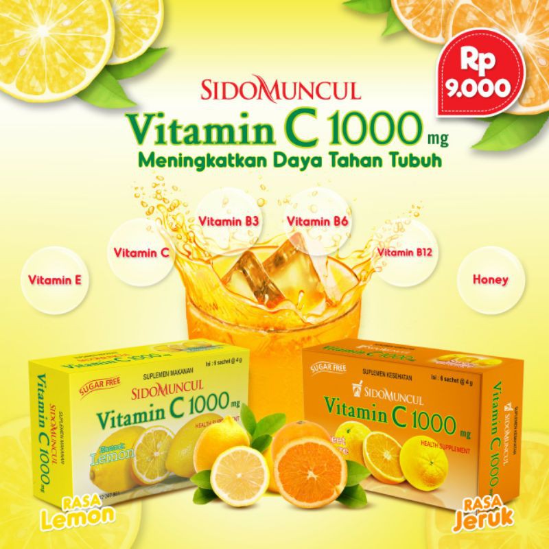 Vitamin C 1000 sidomuncul 1 box isi 6 saset cocok untuk menjaga daya tahan tubuh saat cuaca dingin