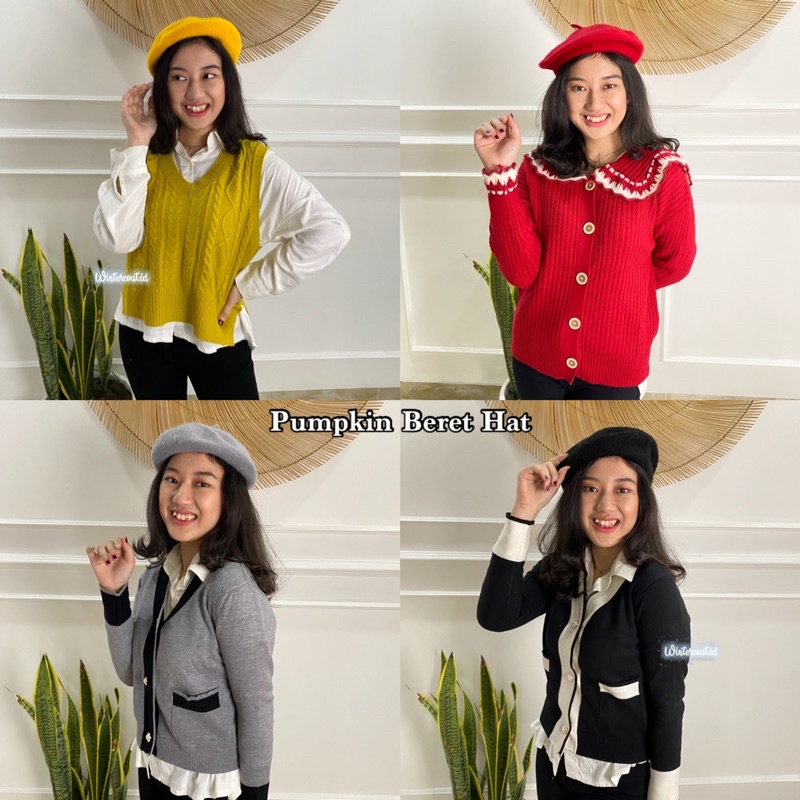 Beret Hat pumpkin wool topi pelukis wol baret vintage kupluk musim dingin wanita import korea