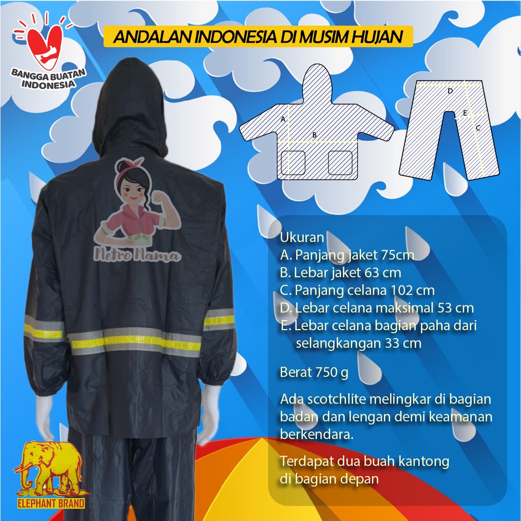 Jas Hujan Setelan Jaket Celana REFLEKTA GAJAH ASLI Mantel Original