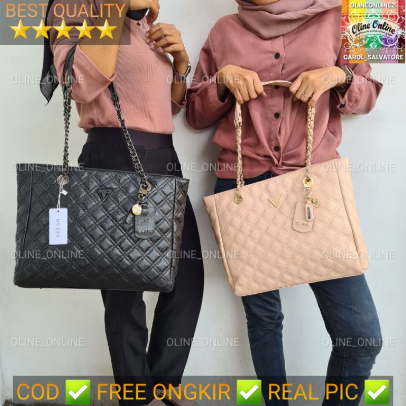 (WODB) Tas cessily tote shopper bag quilted gs black cream office bag gs carry all neverfull gb