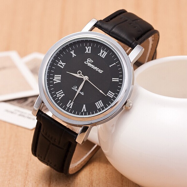 Jam Tangan Pria Simple But Stylist Geneva Leather Strap, Jam Tangan kulit, Silver Frame, Jam Murah