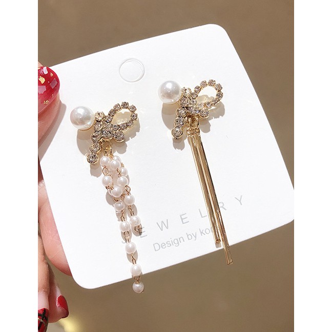 LRC Anting Tusuk Fashion Golden 925 Silver Pin Rhinestone Bow With Pearl Fringed Earrings