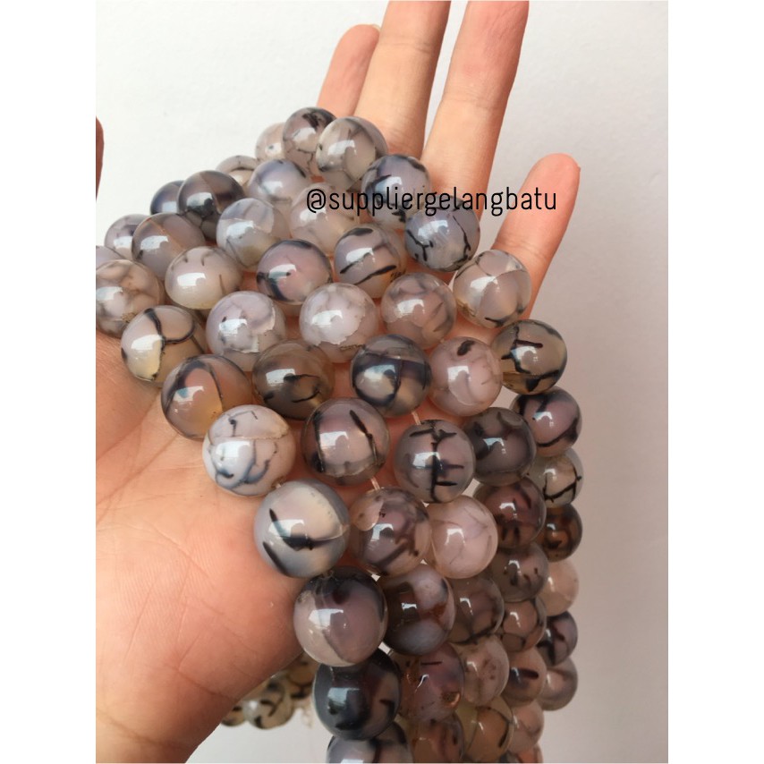 batu gelang kalung 16mm RHODOLITE glossy Dalmantion black white natura aksesoris fashion kerajinan