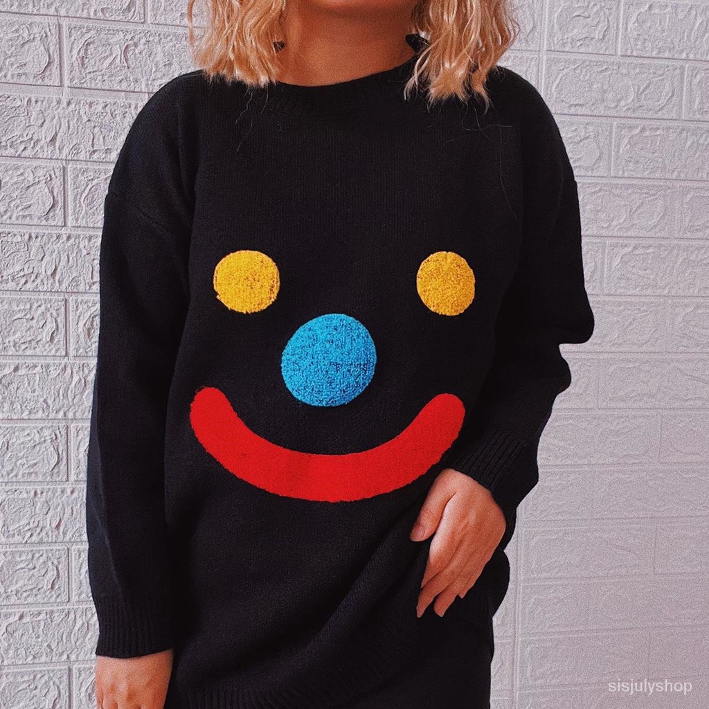 #Sisjuly# Wanita Baru Lucu Badut Smiley Jacquard Leher Bulat Lengan Panjang