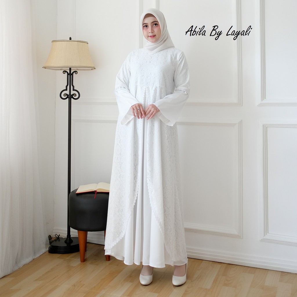 Fashion Wanita Dress Brokat Gamis Muslim Putih Terbaru Abila By Layali