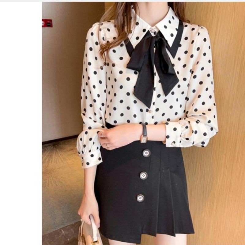 MDLV ~ 6845# Lilibeth Tie-neck Shirt Kemeja Polkadot Blouse Polkadot Atasan Polkadot Lengan Panjang Fashion Import