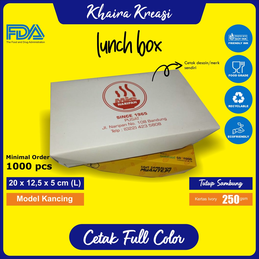 

Cetak Custom Lunch Box / Dus Mie Goreng / Dus Ayam Geprek / Ukuran 20x12,5x5 cm (L) Minimal 1000 Pcs / Cetak Full Color