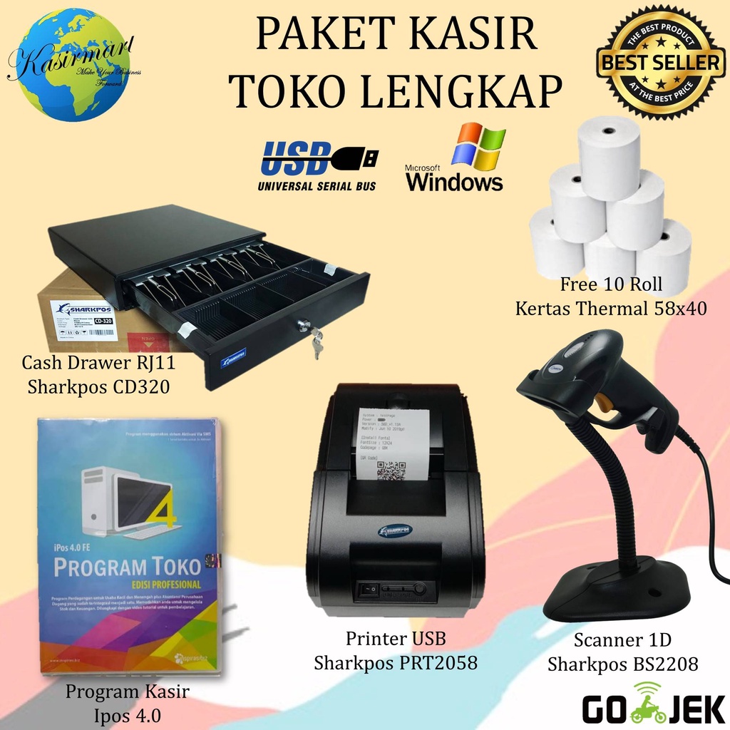 PAKET KASIR TOKO MINIMARKET GUDANG - PROGRAM IPOS 4 PRINTER STRUK THERMAL USB 58MM + SCANNER BARCODE 1D + CASH DRAWER CD320 RJ11