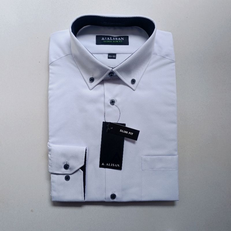 Alisan Kemeja Slimfit Lengan Panjang Putih Dobby Kerah Kancing Hitam