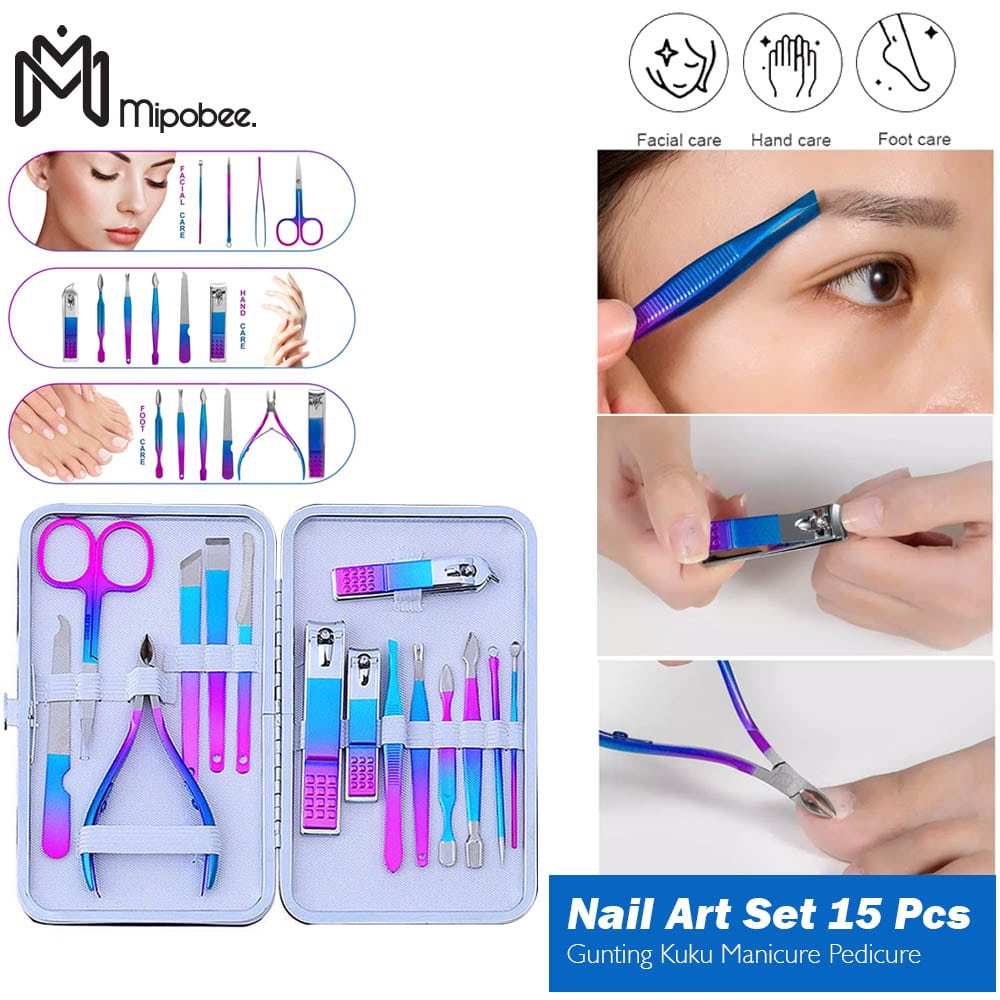 Mipobee Set Alat Nailart 15in1 Gunting Kuku Manicure Pedicure Multicolor Rainbow