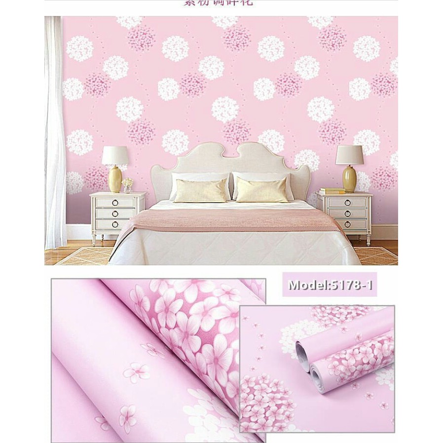 WALLPAPER DINDING 45 CM X 10 M/ 9.5 M BUNGA PINK PUTIH