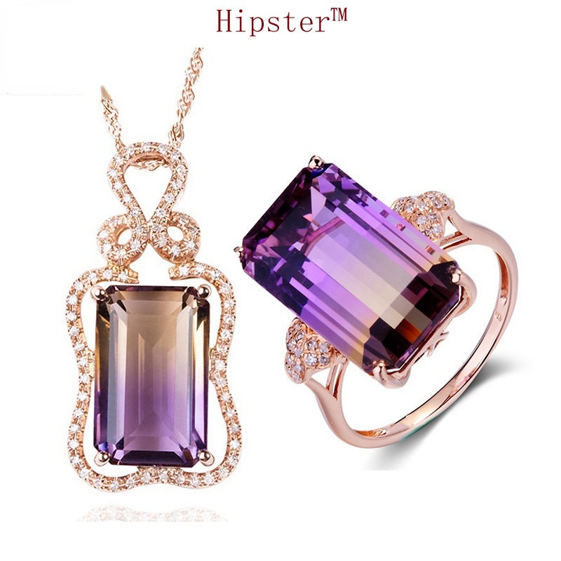 Jewelry Set Fully-Inlaid Natural Color Gemstone Pendant Square Amethyst Ring Two-Piece Set