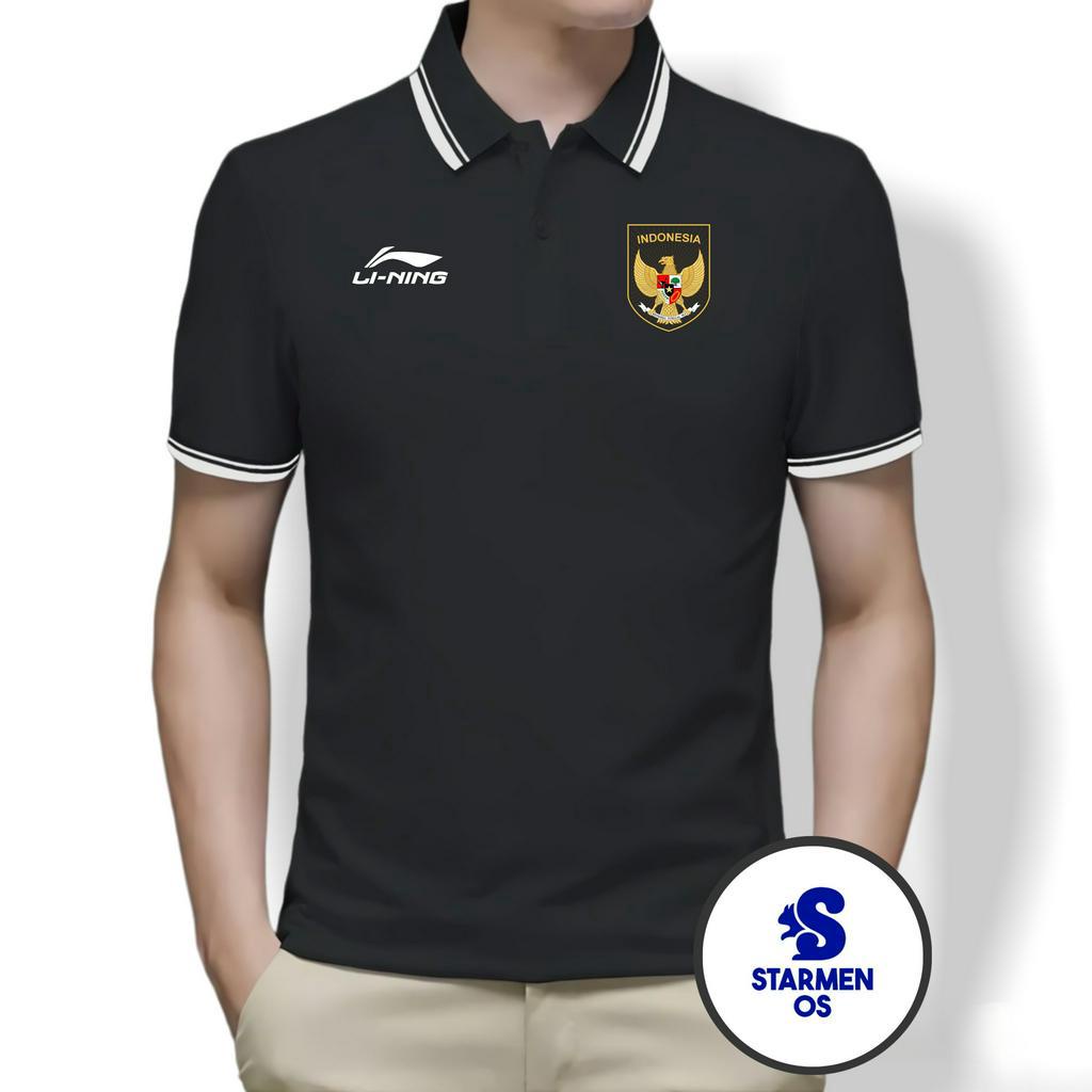 Kaos Polo Shirt Pria Kerah List Putih Logo GARUDA INDONESIA AND Ll NING SEA GAMES 2023