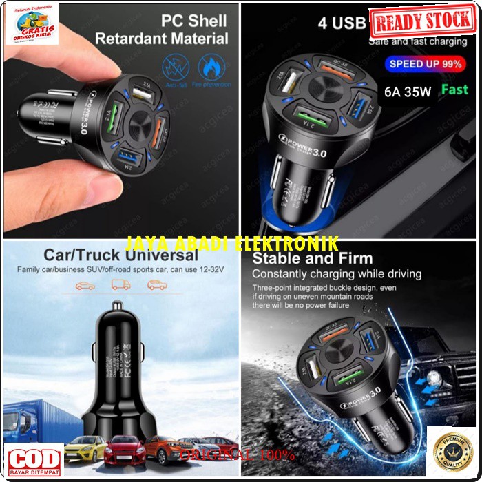 J365 ORIGINAL CAR CHARGER 3.0 SUPER FAST CHARGING 4 USB ADAPTOR MOBIL TRAVEL ADAPTER CAS CASAN ADAPTIVE SERVER SAVER ANDROID HP HANDPHONE QUICK CHARGE PORT UNIVERSAL MULTI BISA CAS 4 HP SEKALIGUS JADI LEBIH PRAKTIS DAN TIDAK MEMKAN BANYAK TEMPAT