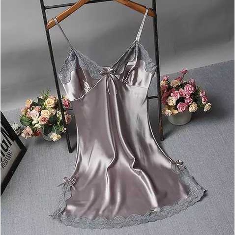 *Alibaba* Set Baju Tidur Wanita Lingerie Sexy Bahan Satin Tanpa Lengan-ABU