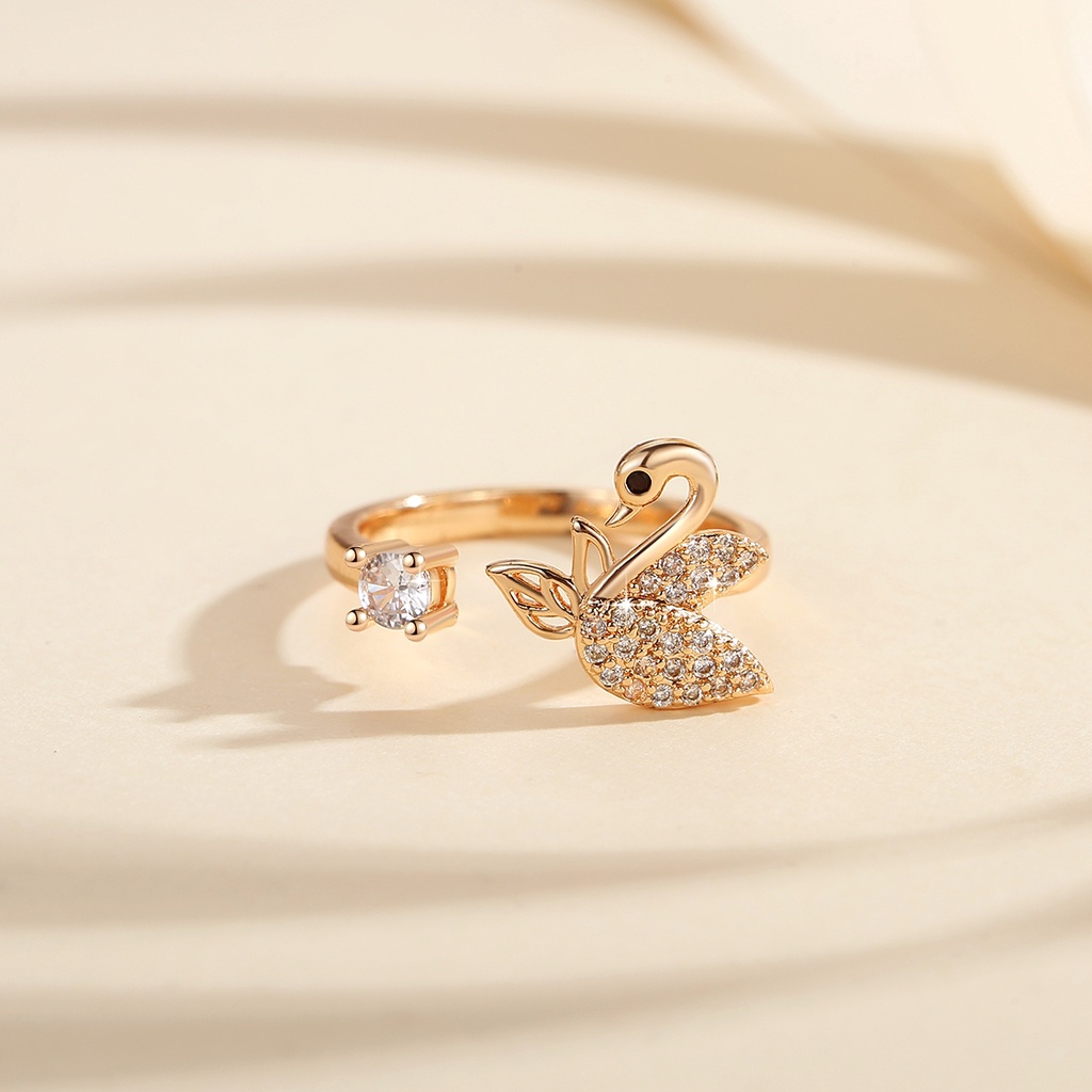 Y696 [COD✔] Cincin Swan Titanium Berlian Kristal Emas Fashion Wanita Perhiasan Rings Adjustable