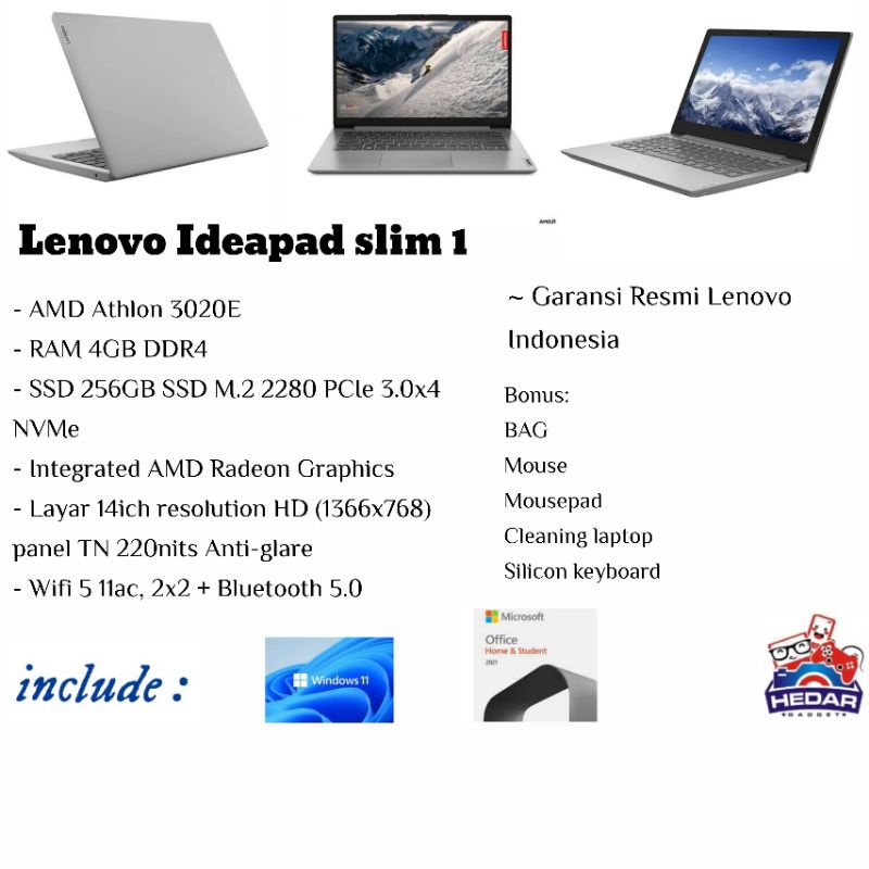 Lenovo IdeaPad Slim 1 AMD Athlon 3020E 4GB 256GB Radeon W11 OHS 14 HD