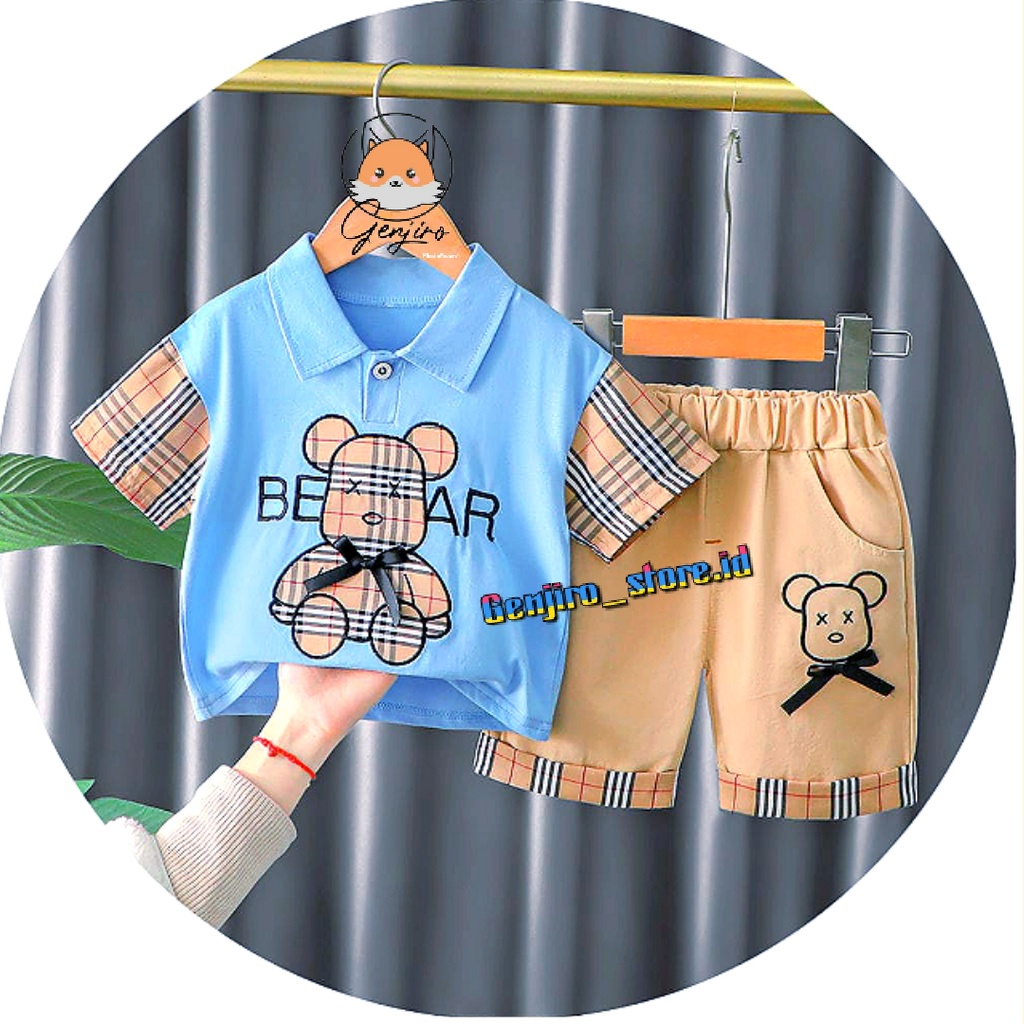 SETELAN WANGKY ANAK LAKI LAKI _GENJIRO_STORE ID_SETELAN BORDIR BONEKA BAHAN BURBERRY/TANAGAN PENDEK CELANA PENDEK/COD/6BLN SAMPAI 4THN_ COD