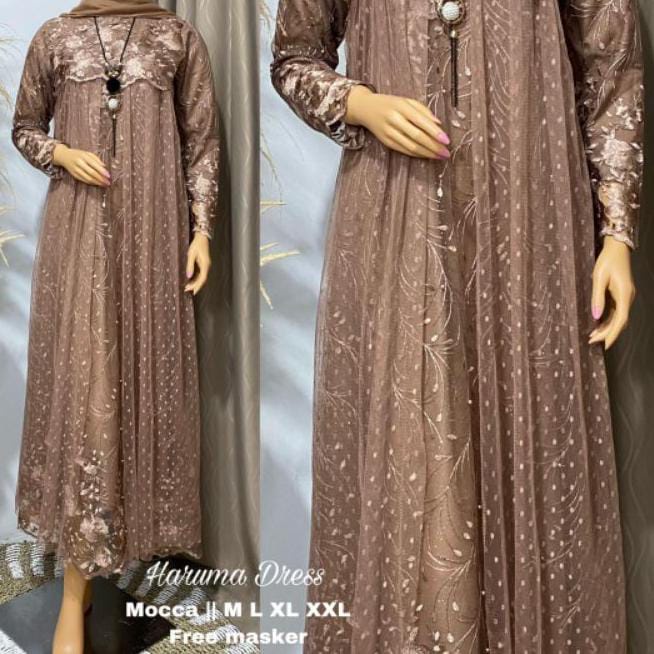 MAXY NURAINI RENDA TILE, MOSCREPE PREMIUM, GAMIS HIJAB MUSLIM, DRESS / Gamis Renda Pesta Arab Import