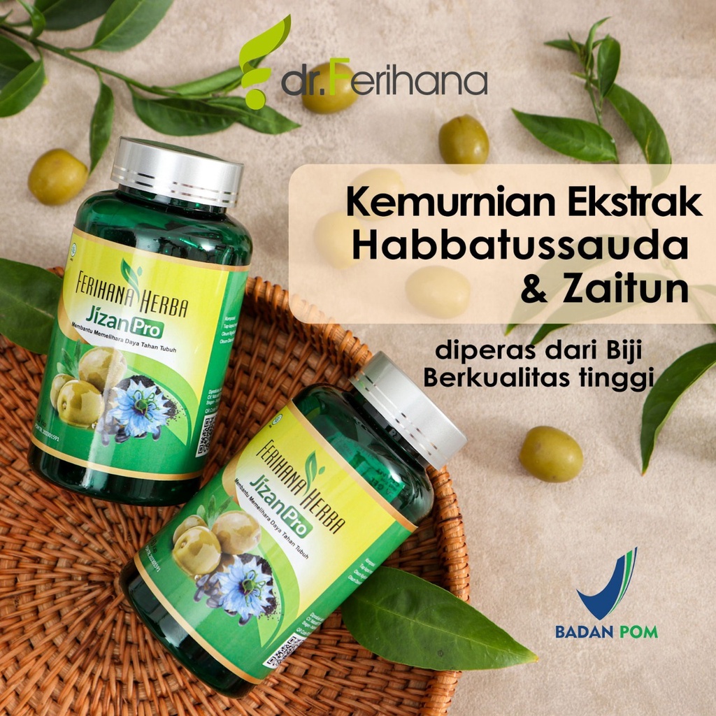 Jizan Pro by Ferihana Herba Merupakan Kapsul Suplemen Kesehatan yang mampu Meningkatkan Daya Tahan Tubuh bahkan Kesuburan dan juga bisa untuk Mengatasi Radang Tenggorokan, Hipertensi, Diabetes, Kolesterol, Terapi Pendaping Kanker BPOM