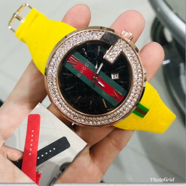 JAM TANGAN WANITA GUCCI DIAMOND RUBBER TGL AKTIF FREE 1 TALI RUBBER || DIAMETER 3.6 CM || COD