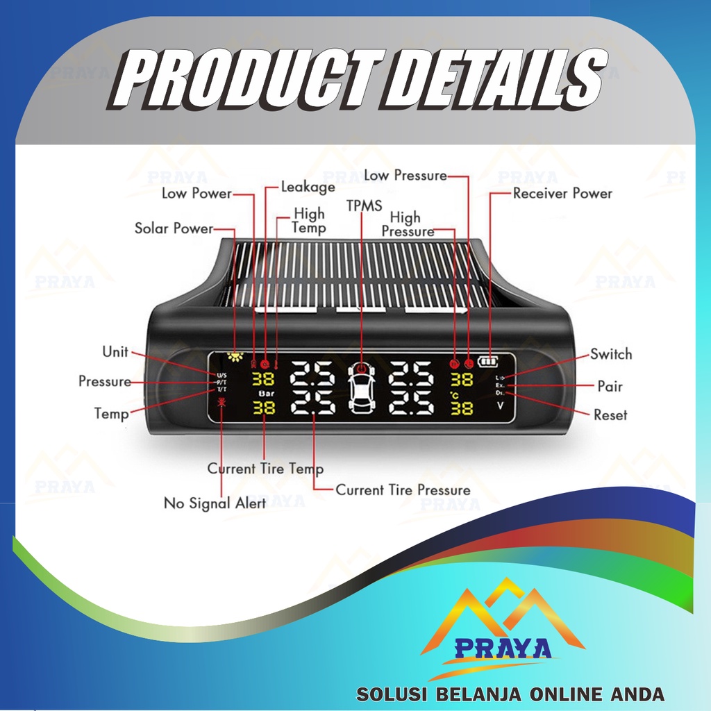 TPMS (TIRE PRESSURE MONITORING SYSTEM) ALAT CEK MONITOR TEKANAN BAN ANGIN BAN BOCOR KEMPES RODA MOBIL DIGITAL SOLAR