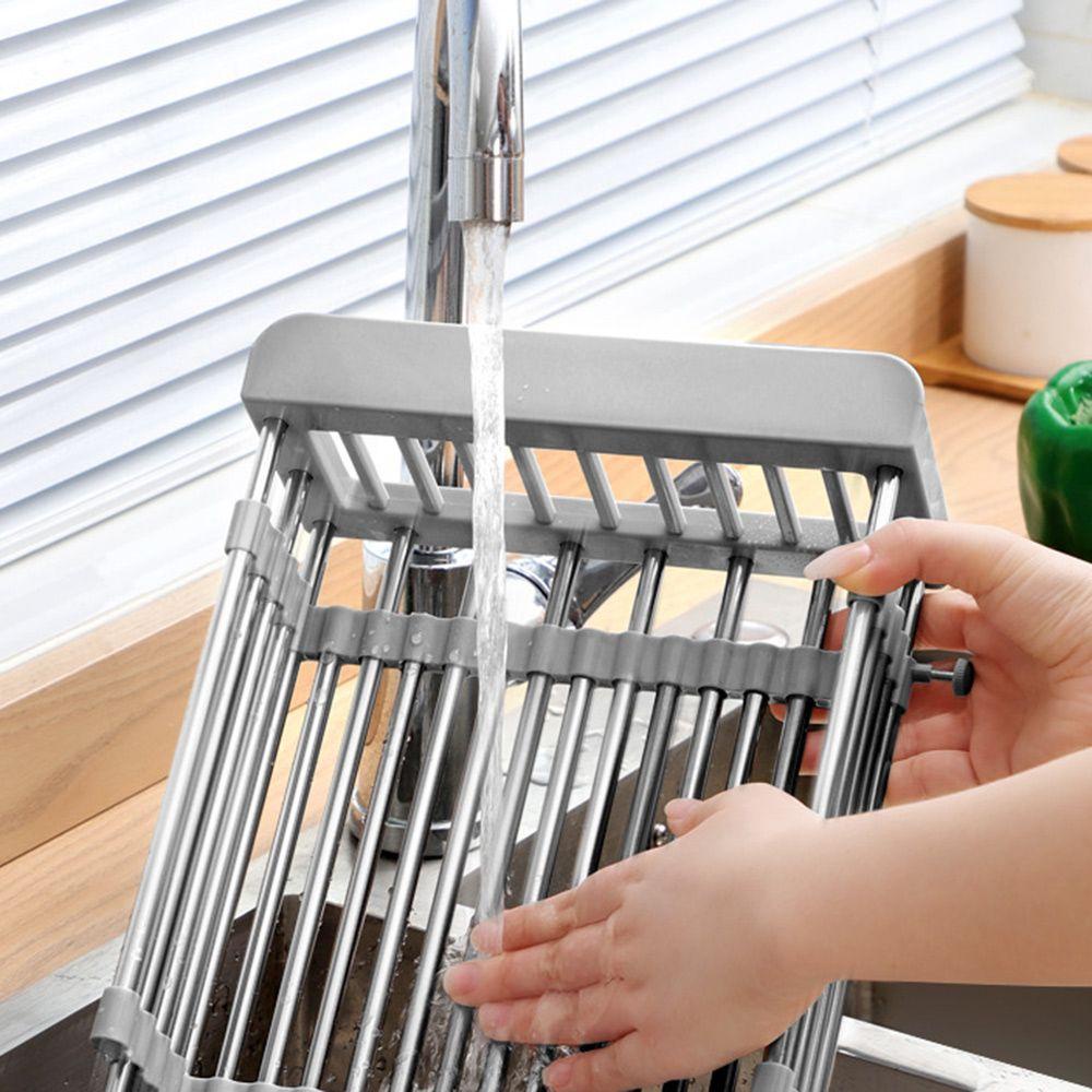 Solighter Wastafel Drain Rack Adjustable Sayuran Buah Drainer Basket Stainless Steel