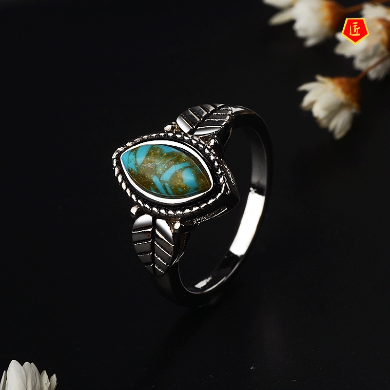 [Ready Stock]Creative Retro Turquoise Leaf Ring Noble and Elegant