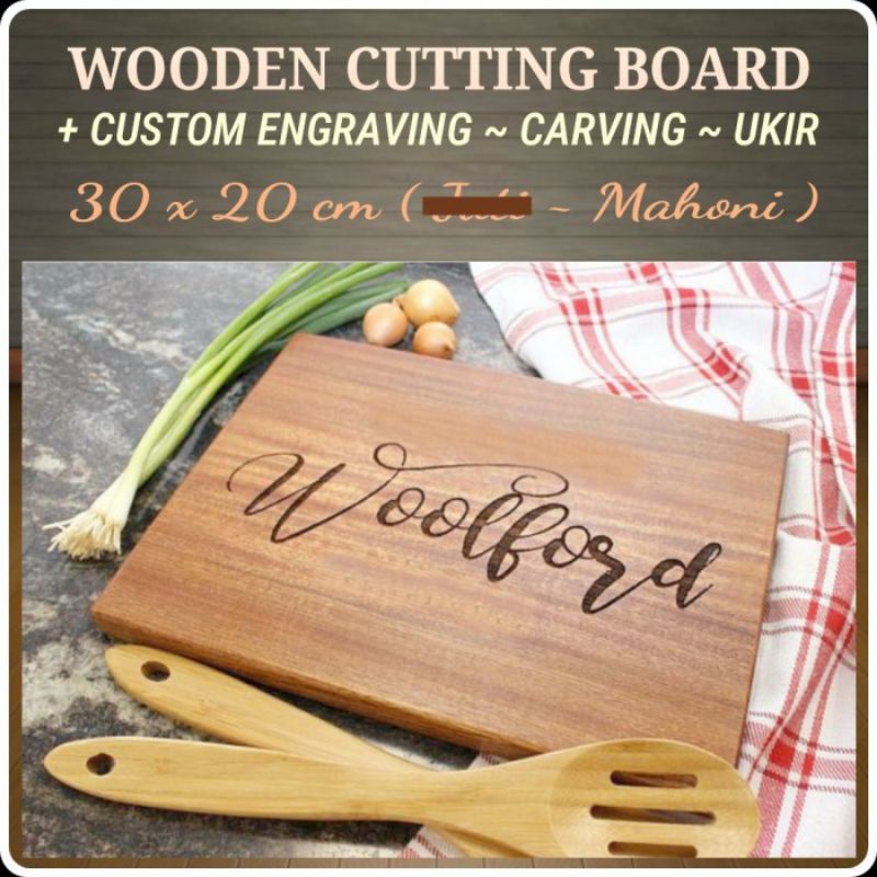 Talenan kayu mahoni +ukir nama engraved cutting board line edge 30x20